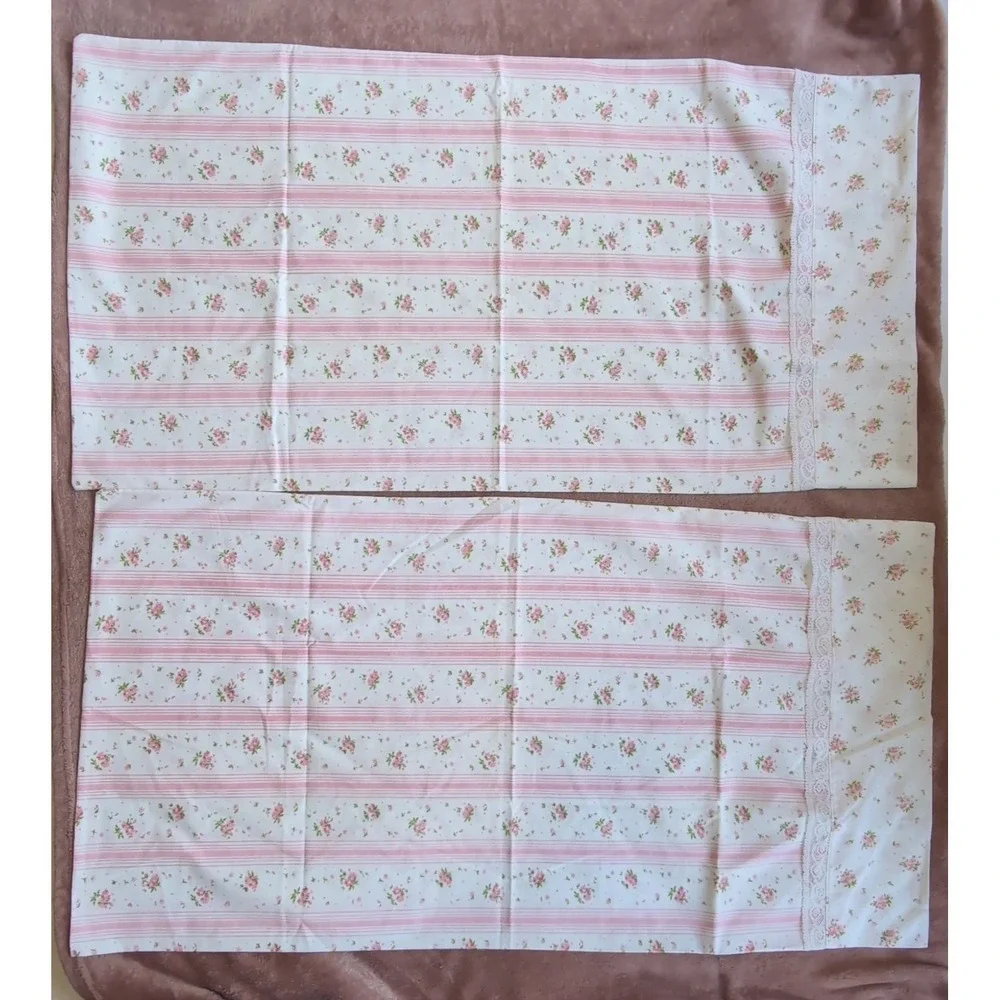 Springmaid Wondercale Pillowcase Set King Pink Floral Striped Lace Trim Vintage